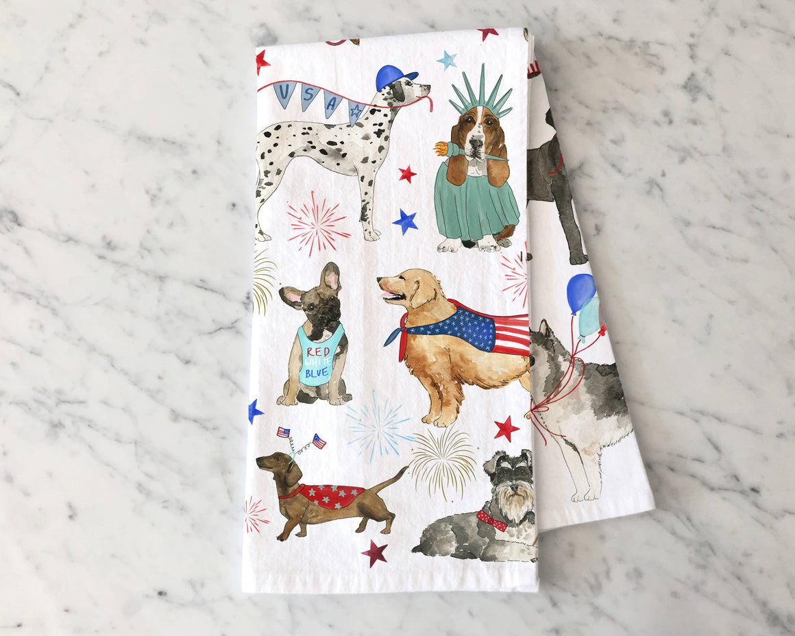 Patriotic Dogs Kitchen Towel - Fourth of July Tea Towel - Todd & Holland Tea Merchants