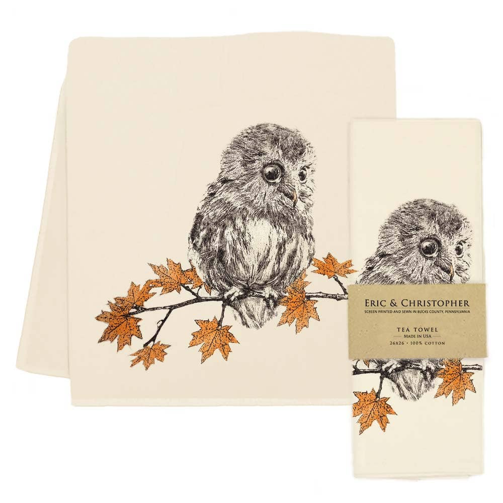 Owl with Leaves Tea Towel