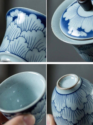 Gohobi Handmade Blue & White Porcelain Gaiwan Tea Set Shells