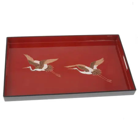 Cranes Red Rectangle Lacquer Tray