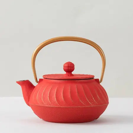 Tetsubin Cast Iron Teapot Red Wave Gold Handle