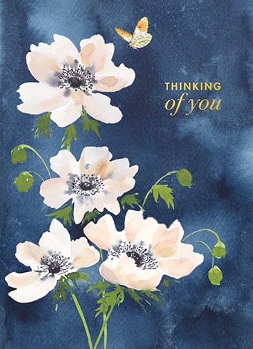 White Flowers on Blue Thinking of You Card