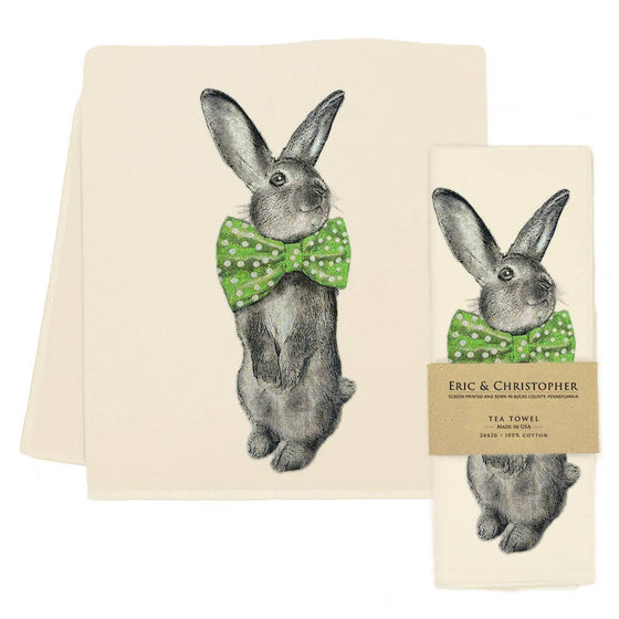 Bunny Bowtie Tea Towel Green